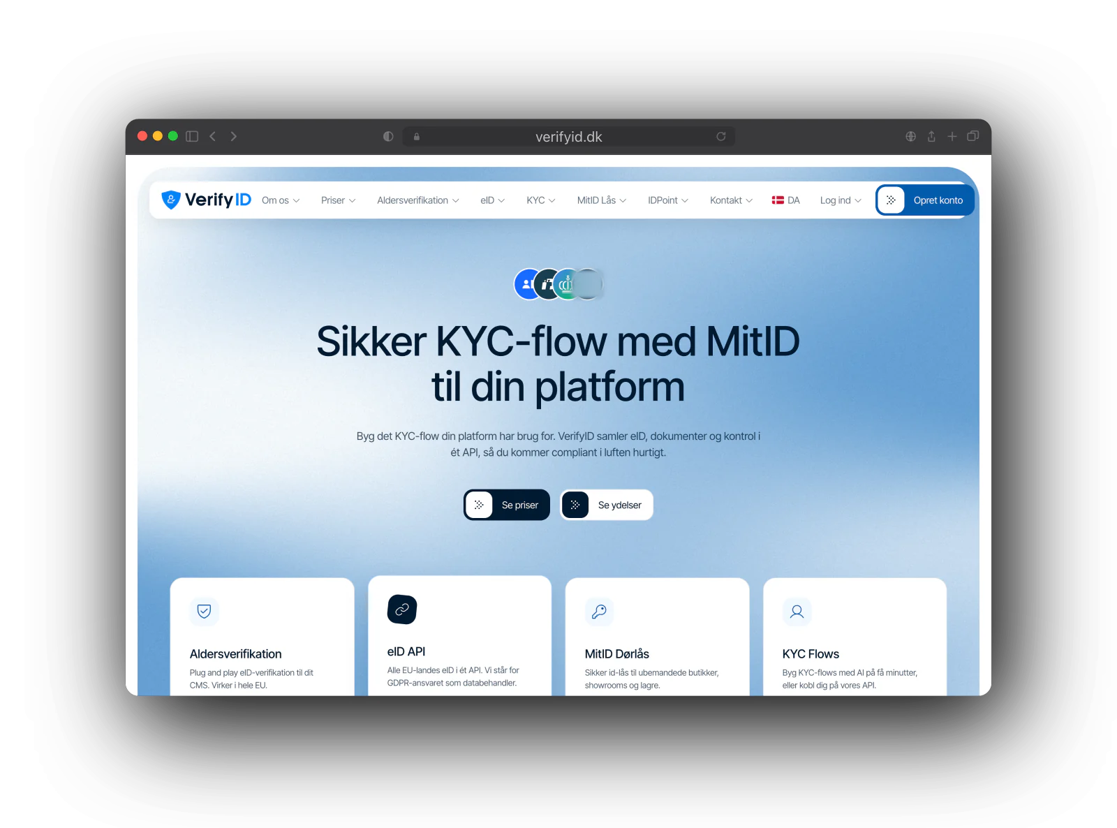 VerifyID's homepage in Danish: a blue hero with a headline about checks with MitID, two buttons, and cards for age verification, eID API, MitID door lock and KYC flows.